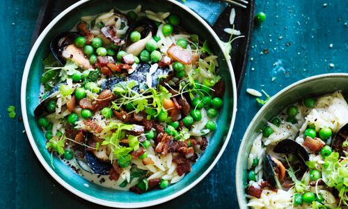Mussels with Risoni, Peas, and Bacon