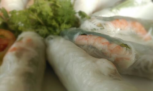 Lobster, Mango, Avocado & Cashew Spring Rolls with Spicy Asian Dipping Sauce