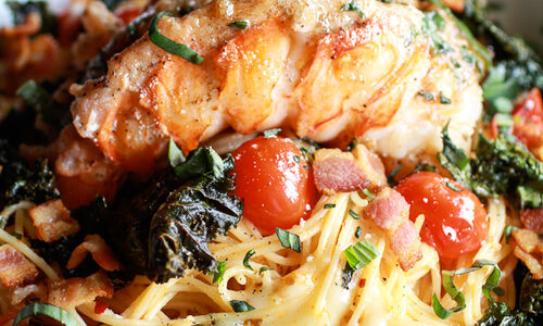 Brown Butter Lobster, Bacon and Crispy Kale Fontina Pasta