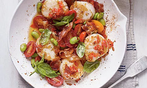 Scallop Skillet with Bacon, Edamame, Basil, and Creamy Grits