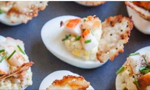 Lobster & Chives Deviled Eggs with Truffle Salt & Parmesan Crisp