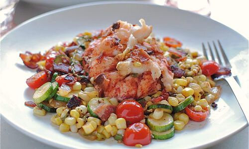 Seared Lobster Tails with a Garden Vegetable Sauté
