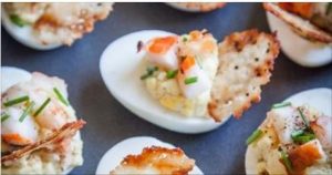 Lobster & Chives Deviled Eggs with Truffle Salt & Parmesan Crisp