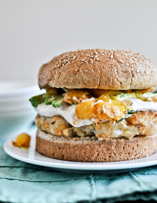 Shrimp Burgers with Chipotle Cream and Coconut Peach Salsa